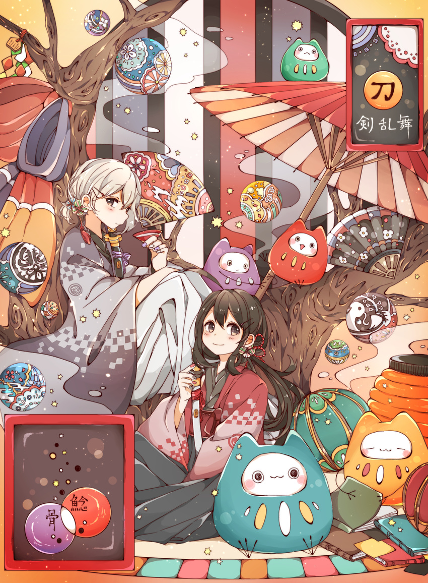 2boys absurdres ahoge bad_id bad_pixiv_id black_hair book choko_(cup) cup daruma_doll folding_fan hair_ornament hairclip hakama hakama_skirt hand_fan highres hiro_(14806390) honebami_toushirou indian_style japanese_clothes male_focus multiple_boys namazuo_toushirou oil-paper_umbrella ponytail purple_eyes sitting skirt smile star_(symbol) sword touken_ranbu tree umbrella weapon white_hair