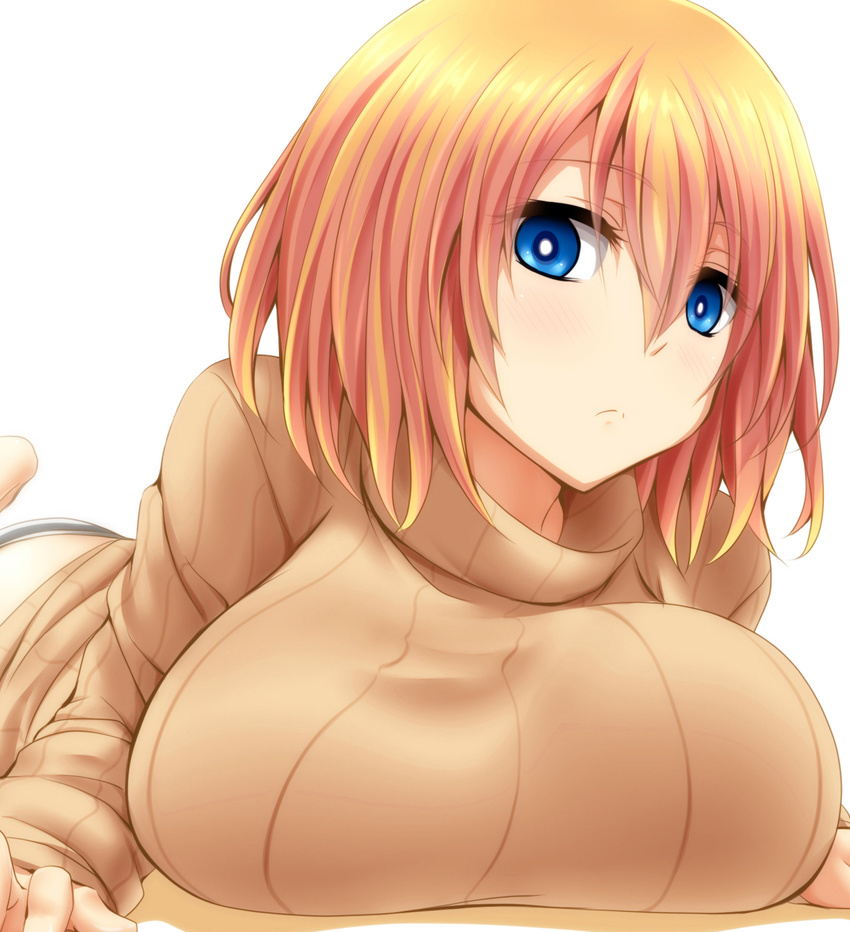 blonde_hair blue_eyes blush breasts closed_mouth commentary_request female frown hair_between_eyes highres large_breasts long_sleeves looking_at_viewer lying on_stomach original photoshop_(medium) ribbed_sweater setana short_hair simple_background solo sweater turtleneck watarui white_background