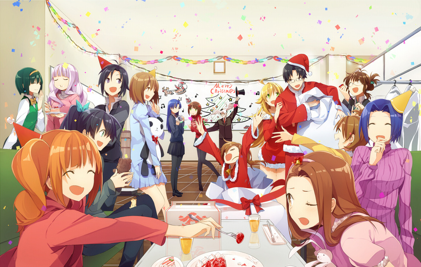 2boys 6+girls ahoge akizuki_ritsuko amami_haruka animal antenna_hair bad_id bad_pixiv_id bird black_eyes black_hair blonde_hair blue_eyes blue_hair brown_eyes brown_hair cake christmas everyone food fork fruit futami_ami futami_mami ganaha_hibiki glasses green_eyes green_hair grey_hair hagiwara_yukiho hair_ribbon hairband hamster hamuzou hat hoshii_miki idolmaster idolmaster_(classic) kikuchi_makoto kisaragi_chihaya long_hair merry_christmas minase_iori miura_azusa multiple_boys multiple_girls open_mouth orange_hair otonashi_kotori panda_(pandadesu) pantyhose ponytail producer_(idolmaster) ribbon sack santa_costume santa_hat shijou_takane short_hair siblings smile strawberry takagi_junjirou takatsuki_yayoi twins twintails