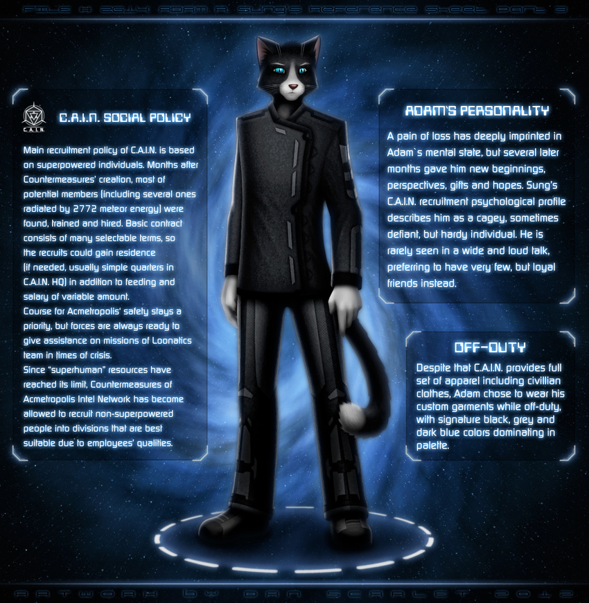 2012 adam_sung anthro black_body black_fur blue_eyes boots bottomwear clothing dan_scarlet domestic_cat felid feline felis footwear fur hi_res jacket looking_at_viewer male mammal model_sheet pants pink_nose science_fiction solo superhero superpowers text topwear white_body white_fur