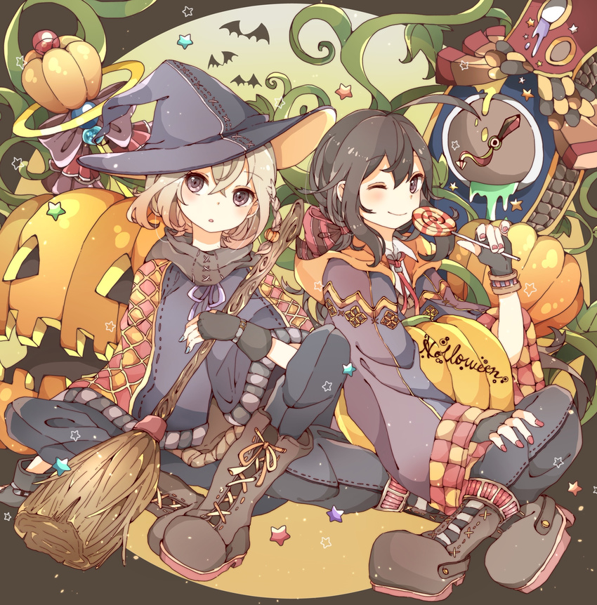 2boys absurdres ahoge bad_id bad_pixiv_id bat_(animal) black_hair blue_nails boots braid broom candy clock cross-laced_footwear fingerless_gloves food gloves halloween hat highres hiro_(14806390) honebami_toushirou indian_style jack-o'-lantern lace-up_boots lollipop male_focus multiple_boys nail_polish namazuo_toushirou one_eye_closed ponytail purple_eyes red_nails scarf sitting smile star_(symbol) touken_ranbu white_hair witch_hat