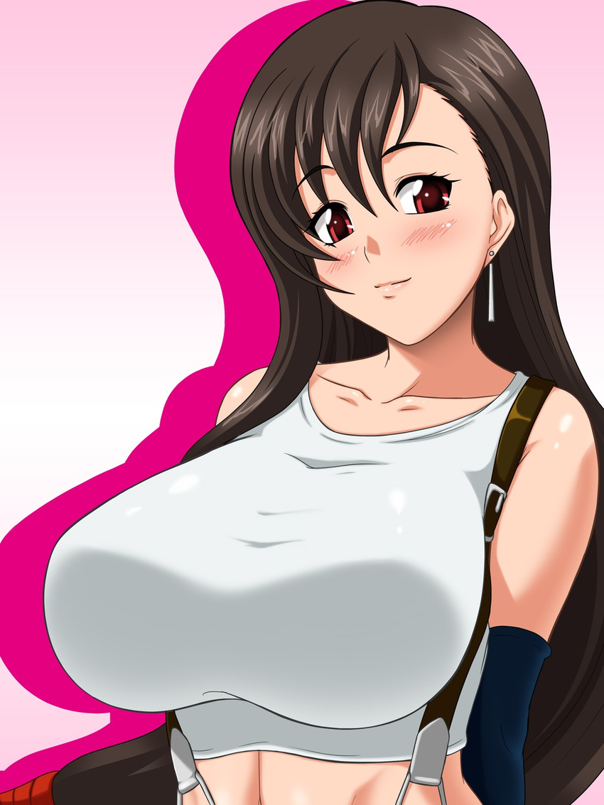 black_hair blush breasts earrings final_fantasy final_fantasy_vii highres huge_breasts jewelry long_hair looking_at_viewer pink_background red_eyes simple_background smile solo standing suspenders tank_top tifa_lockhart tomite very_long_hair