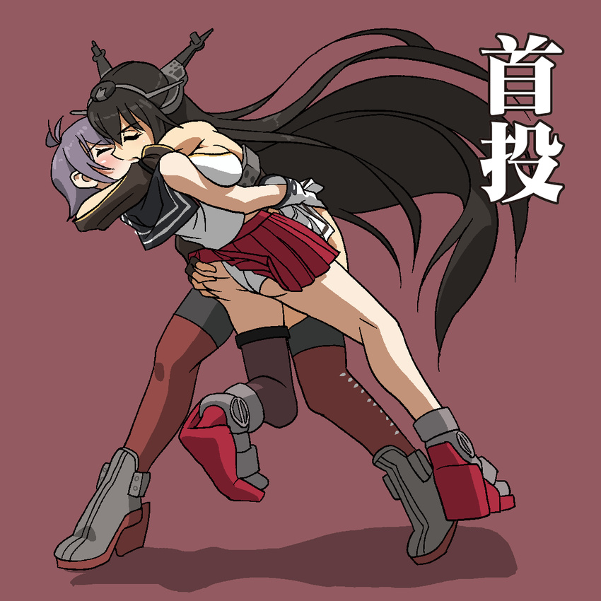 2girls ass ass_grab bad_id bad_pixiv_id black_hair closed_eyes commentary_request gloves grabbing_another's_ass groping highres kantai_collection kissing long_hair multiple_girls nagato_(kancolle) ooku panties purple_hair sakawa_(kancolle) school_uniform serafuku sexually_suggestive shijuuhatte_(sumo) short_hair skirt translated underwear white_gloves white_panties yuri