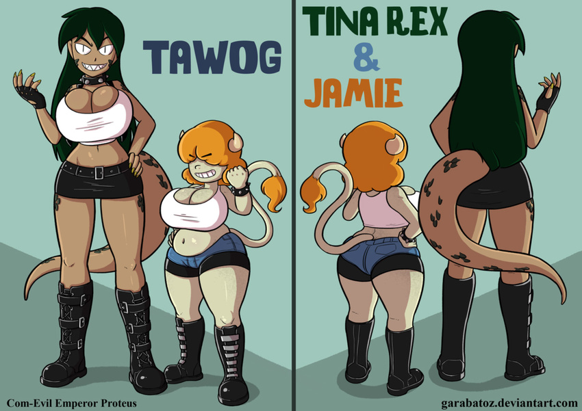 alternate_species big_breasts boots bottomwear breasts cartoon_network clothing denim denim_clothing duo female footwear garabatoz gloves handwear human humanized humanoid jamie_(tawog) mammal scalie shorts skirt teeth the_amazing_world_of_gumball tina_rex wide_hips