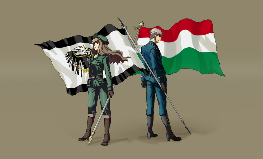 1boy ado002 axis_powers_hetalia bad_id bad_pixiv_id belt beret boots brown_hair commentary_request female flag gloves grey_hair hat hungarian_flag hungary_(hetalia) military military_uniform prussia_(hetalia) prussian_flag uniform