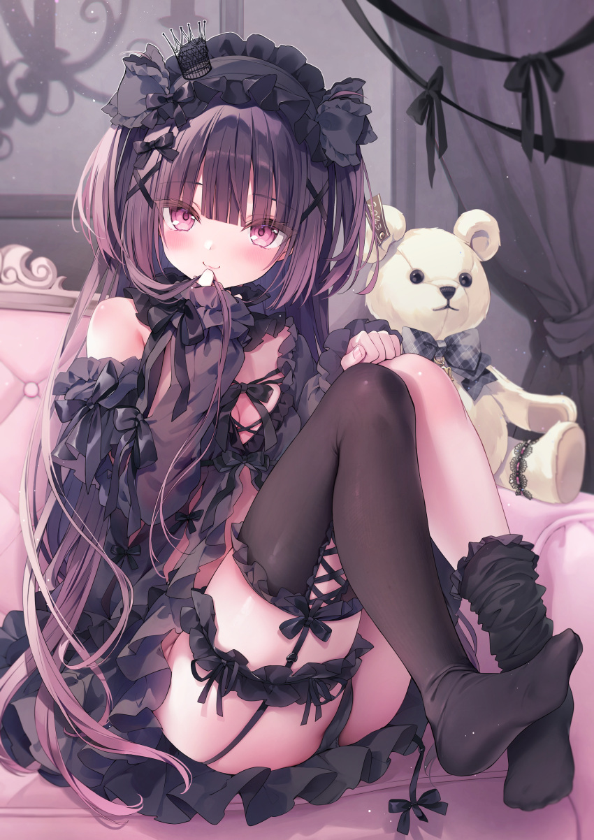 absurdres babydoll bare_shoulders black_babydoll black_dress black_panties blush breasts chloe_(rubi-sama) commentary_request dress female frilled_babydoll garter_straps gothic_lolita hair_ornament hairband highres legwear_garter lingerie lolita_fashion lolita_hairband long_hair looking_at_viewer medium_breasts mouth_hold negligee no_shoes original panties pink_eyes purple_hair revealing_clothes rubi-sama single_thighhigh smile solo thighhighs underwear x_hair_ornament yume_utsutsu_quintet