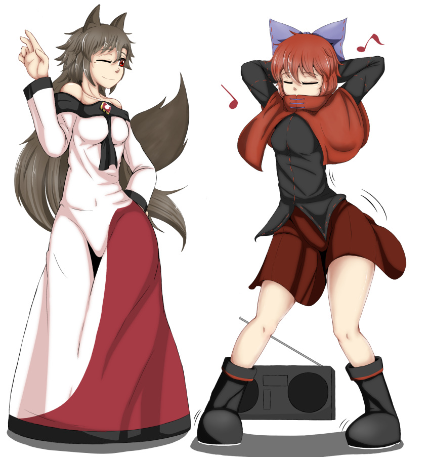 2girls animal_ears arms_behind_head bare_shoulders between_breasts black_shirt blue_bow boombox bow breasts brooch brown_hair capelet closed_eyes closed_mouth clothes_between_breasts covered_mouth dancing dress eighth_note epic_armageddon hairbow highres imaizumi_kagerou jewelry long_hair long_skirt long_sleeves motion_lines multiple_girls musical_note off-shoulder_dress off_shoulder one_eye_closed quarter_note red_eyes red_hair sekibanki shirt short_hair simple_background skirt smile tail touhou white_background white_dress wolf_ears wolf_tail