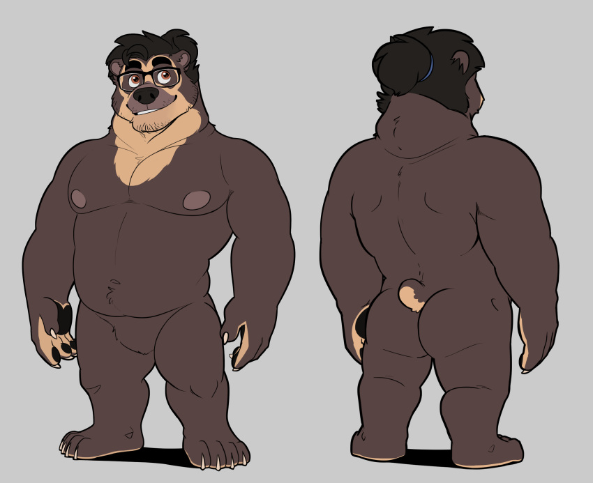 2020 anthro arctodus ass bear belly brown_body brown_fur dinonugget_bird eyewear front_and_back fur glasses hair hi_res male mammal moobs nipples overweight overweight_anthro overweight_male short-faced_bear simple_background solo spectacled_bear uku