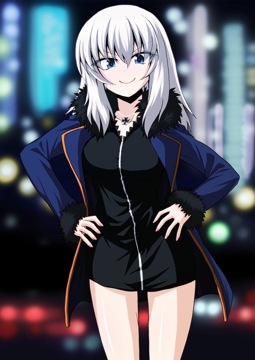 black_dress blue_coat blue_eyes coat cosplay dress fate/grand_order fate_(series) female full-length_zipper fur-trimmed_coat fur_trim girls_und_panzer hands_on_own_hips highres itsumi_erika jacket jeanne_d'arc_alter_(fate) jeanne_d'arc_alter_(ver._shinjuku_1999)_(fate) jeanne_d'arc_alter_(ver._shinjuku_1999)_(fate)_(cosplay) jewelry kamishima_kanon looking_at_viewer necklace smile solo white_hair zipper zipper_dress