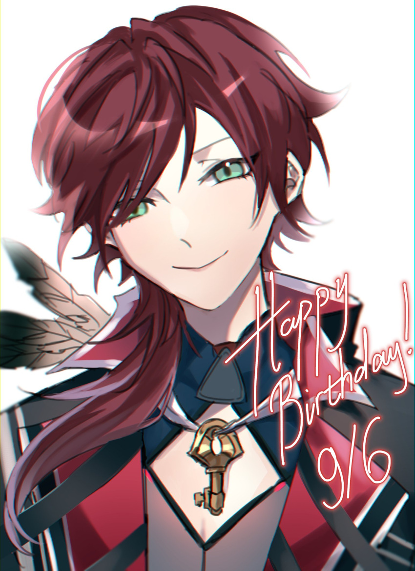 1boy closed_mouth collared_shirt eyelashes feathers green_eyes hair_behind_ear happy_birthday highres key lauren_iroas lauren_iroas_(1st_costume) long_hair looking_at_viewer male_focus miette_(mwi180510) nijisanji pectoral_cleavage pectorals red_hair shirt virtual_youtuber white_background