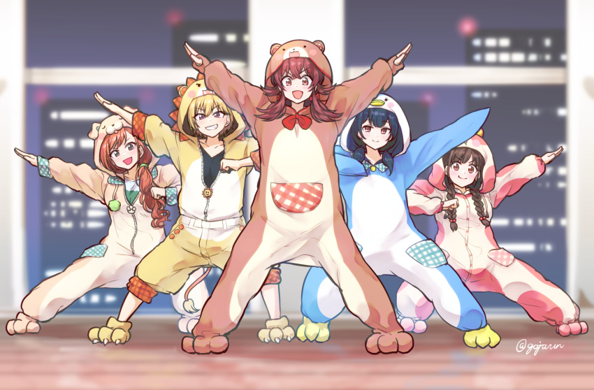 5girls :d animal_costume animal_hood arisugawa_natsuha bear_hood blurry building depth_of_field dog_hood full_body gojarun grin group_picture hamster_hood highres hood houkago_climax_girls_(idolmaster) idolmaster idolmaster_shiny_colors komiya_kaho lion_hood looking_at_viewer morino_rinze multiple_girls night night_sky open_mouth outstretched_arm outstretched_arms pajamas partially_unzipped penguin_hood pose saijo_juri sky smile sonoda_chiyoko zipper