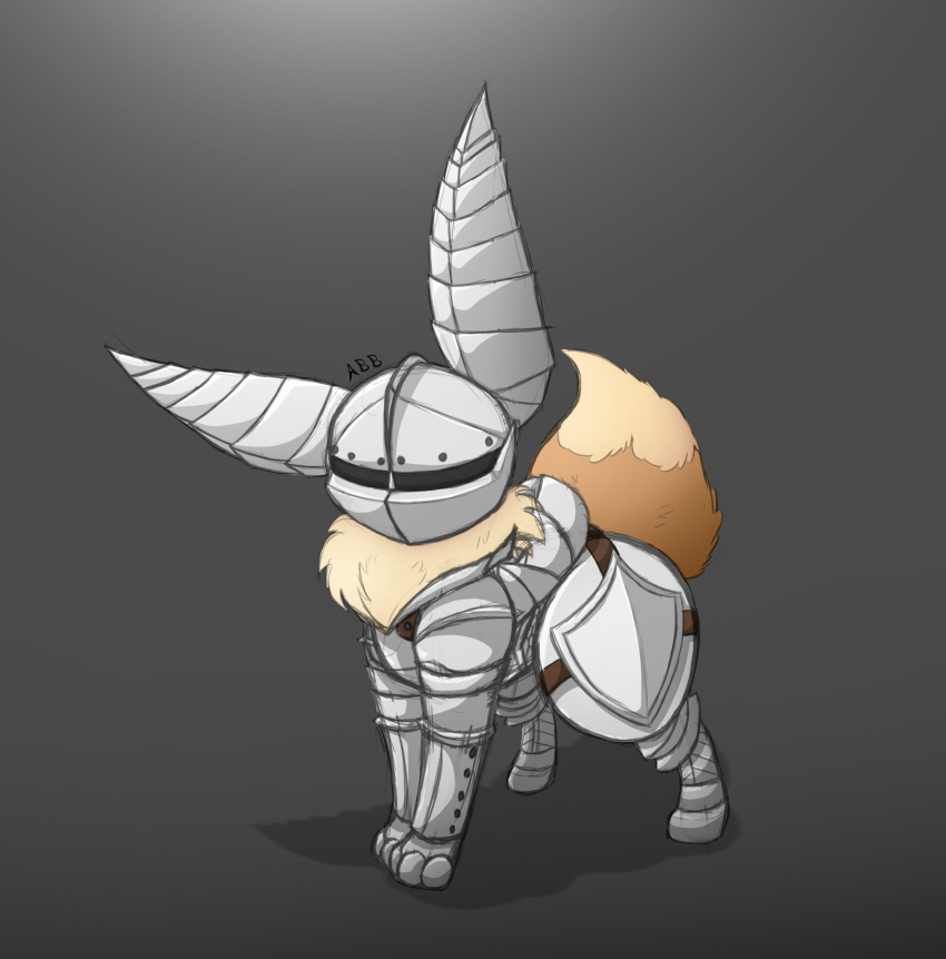 absurd_res allbadbadgers ambiguous_gender armor brown_background conditional_dnp eevee female_(lore) feral feral_armor fluffy fluffy_tail full_armor furgonomics generation_1_pokemon grey_background headgear helmet hi_res knight neck_tuft nintendo plate_armor pokemon pokemon_(species) signature simple_background solo tail tuft warrior watermark