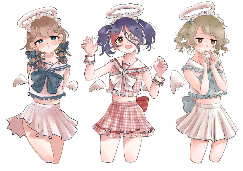 3girls angel_wings aqua-skybirds arms_behind_back blush bow bowtie bright_pupils brown_hair collarbone cropped_legs detached_wings drill_hair eyepatch fake_halo frilled_hairband frilled_sailor_collar frills fur_halo hairband hairbow halo hand_on_own_hip hayasaka_mirei highres idolmaster idolmaster_cinderella_girls idolmaster_cinderella_girls_starlight_stage looking_at_viewer looking_to_the_side midriff morikubo_nono multicolored_hair multiple_girls pleated_skirt purple_hair red_hair sailor_collar sakuma_mayu shirt simple_background skirt sleeveless sleeveless_shirt streaked_hair twintails white_background wings