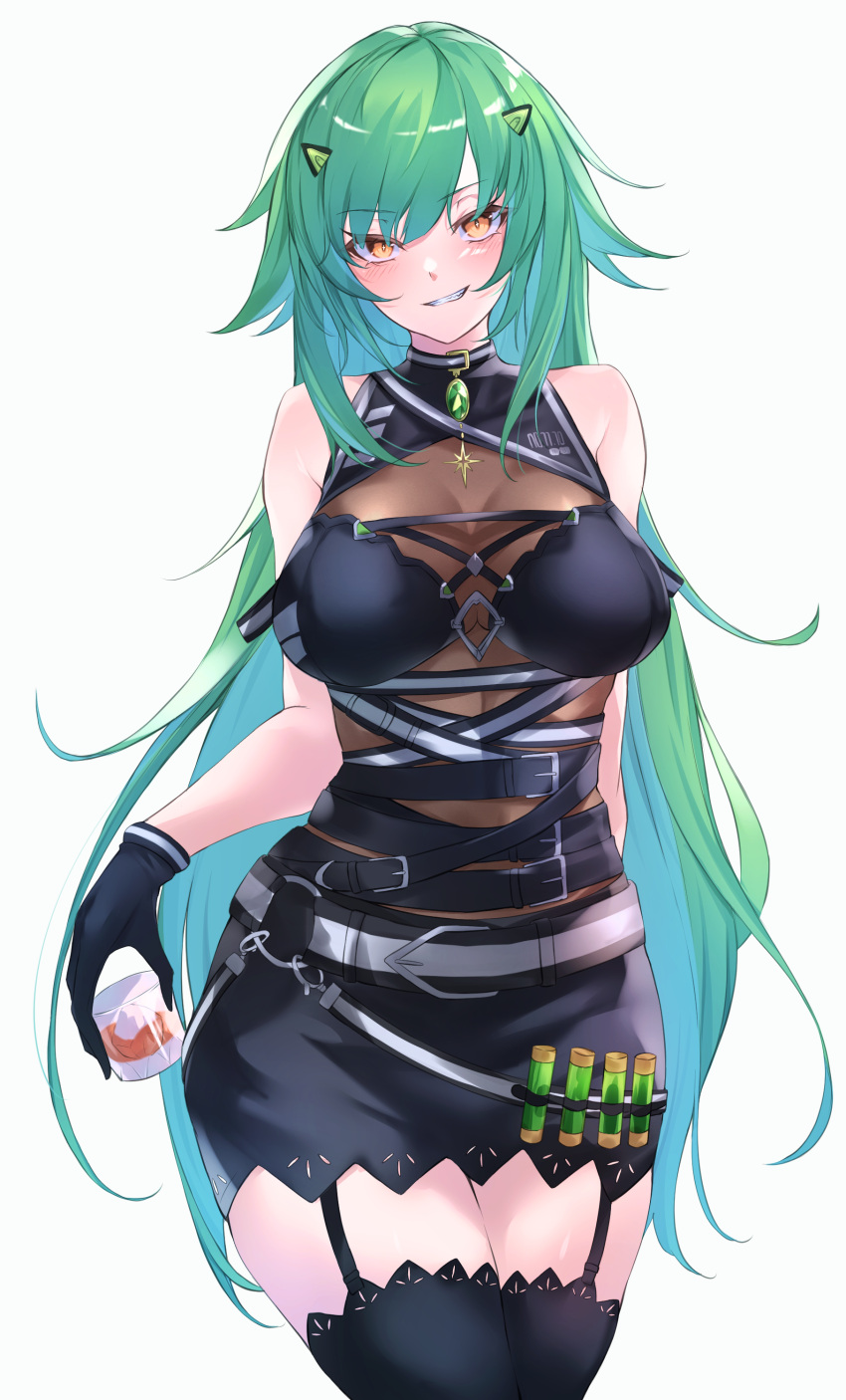 absurdres bare_shoulders black_gloves black_shirt black_skirt black_thighhighs blush breasts brown_eyes commentary_request cup drinking_glass female garter_straps gloves green_hair grin hair_between_eyes hair_ornament hairclip highres holding holding_cup kitakoji_hisui kitakoji_hisui_(2nd_costume) large_breasts long_hair looking_at_viewer nijisanji official_alternate_costume shirt simple_background skirt sleeveless sleeveless_shirt smile solo thighhighs vial virtual_youtuber white_background yuki_maccha_(yukimattya10)