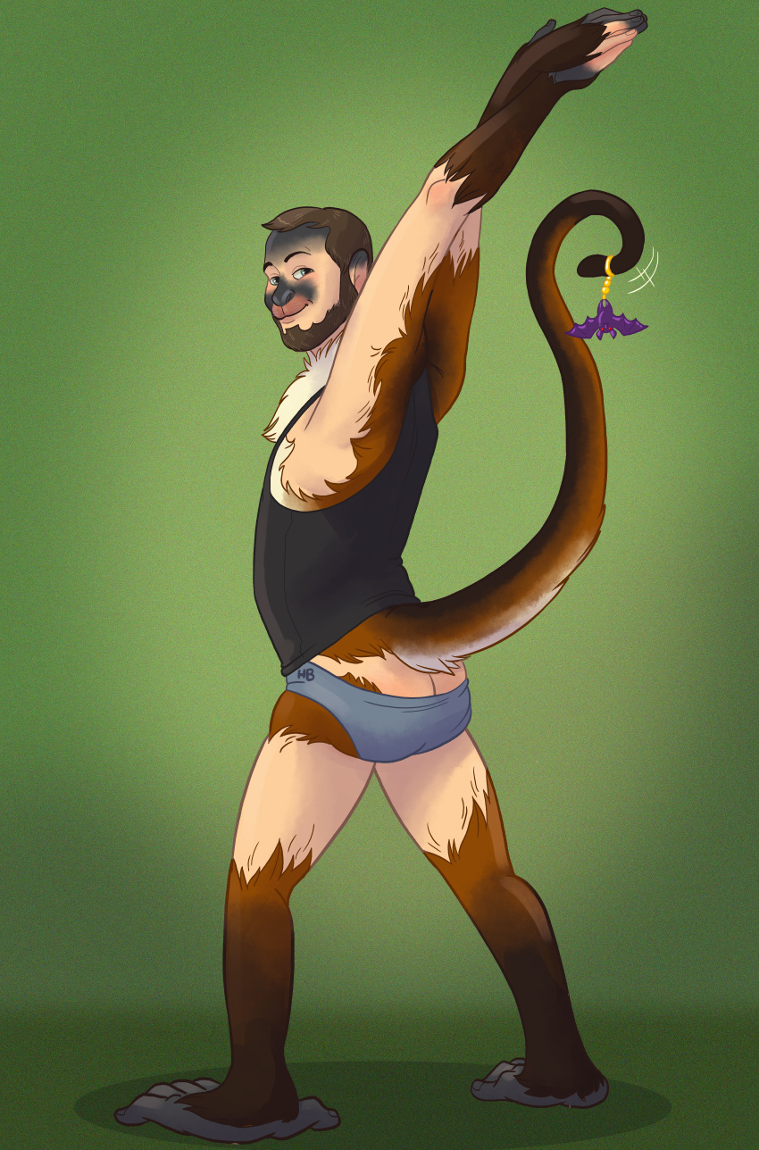 absurd_res ass atelid briefs butt_pose charm_(jewelry) clothing feet geoffroy's_spider_monkey haplorhine hi_res hornbuckle looking_at_viewer male mammal monkey new_world_monkey pose prehensile_feet prehensile_tail primate simple_background solo spider_monkey stretching tail toes transformation underwear