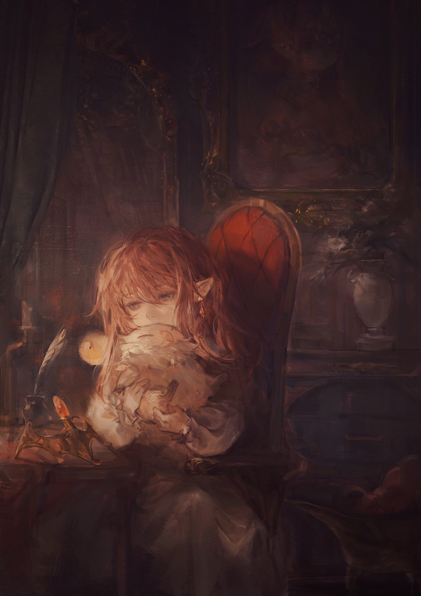 brown_hair chair commentary curtains dress female final_fantasy final_fantasy_xiv hair_down highres ink_bottle lalafell moogle nanamo_ul_namo nightgown plant pointy_ears portrait portrait_(object) quill room sitting sukly tiara tiara_removed vase