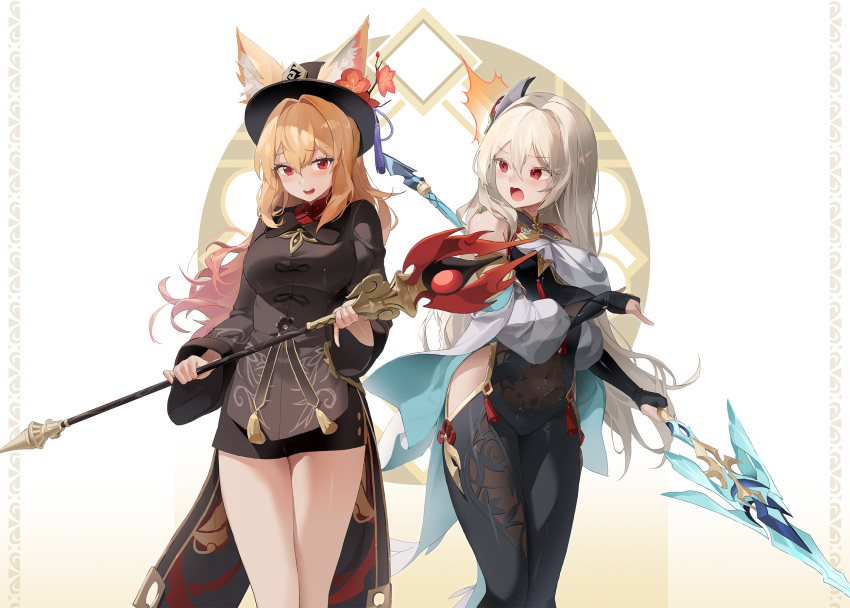 2girls animal_ears blonde_hair breasts calamity_queller_(genshin_impact) choyeon clothes_lift commission cosplay ellin_meiji flower fox_ears genshin_impact highres hu_tao_(genshin_impact) hu_tao_(genshin_impact)_(cosplay) large_breasts lethe_rin multicolored_hair multiple_girls non-web_source original pink_hair polearm red_eyes shenhe_(genshin_impact) shenhe_(genshin_impact)_(cosplay) simple_background spear staff_of_homa_(genshin_impact) two-tone_hair weapon white_hair