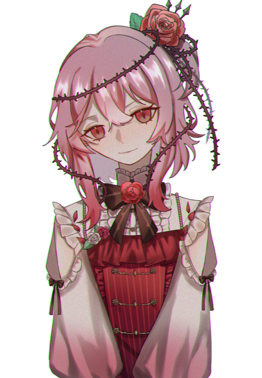 absurdres bow center_frills closed_mouth clothing_cutout female flower frills hair_between_eyes hair_flower hair_ornament highres long_sleeves looking_at_viewer miette_(mwi180510) nijisanji nijisanji_en pink_hair puffy_long_sleeves puffy_sleeves red_eyes red_flower red_rose rose rosemi_lovelock rosemi_lovelock_(1st_costume) short_sidetail shoulder_cutout solo virtual_youtuber white_background