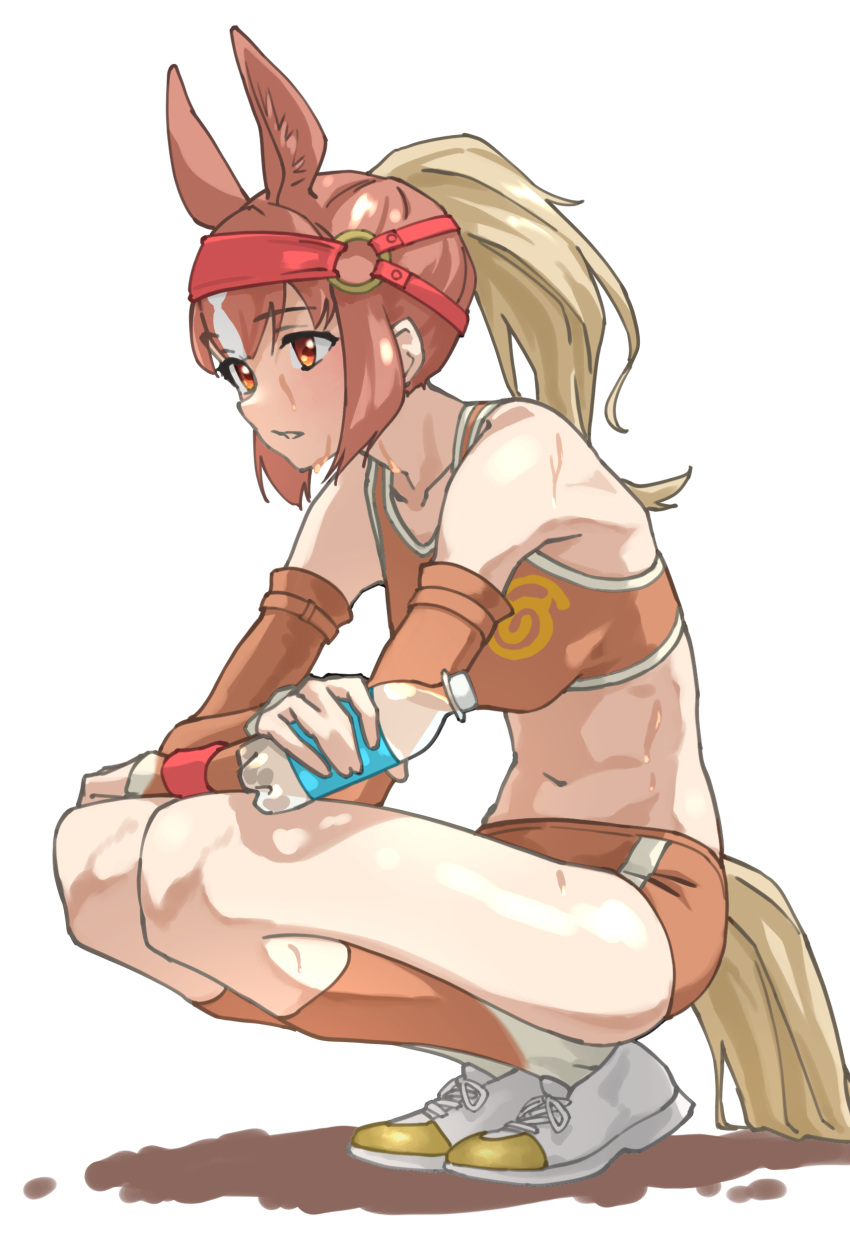 absurdres animal_ears bare_shoulders blonde_hair bottle breasts bridle brown_buruma brown_eyes brown_hair brown_sports_bra buruma chestnut_thoroughbred_(kemono_friends) commentary detached_sleeves extra_ears female full_body highres horizontal_pupils horse_ears horse_girl horse_tail kemono_friends kneehighs long_hair looking_away medium_breasts midriff multicolored_hair navel ponytail simple_background socks solo sports_bra squatting sweat tail tanabe_(fueisei) two-tone_hair water_bottle white_background wristband