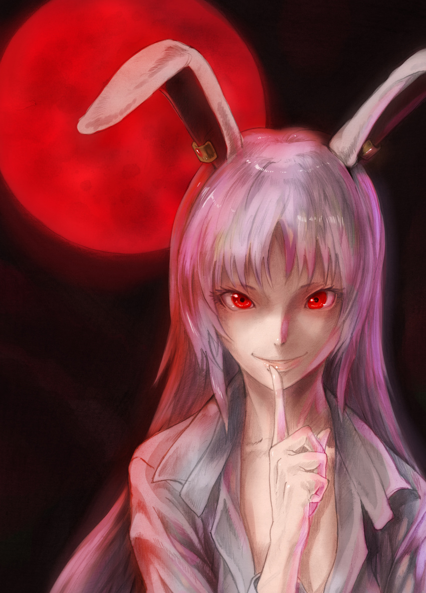 animal_ears baten_(gei-vorugu) black_background commentary_request female finger_to_mouth full_moon highres lips long_hair long_sleeves looking_at_viewer moon open_clothes open_shirt parted_lips photoshop_(medium) pink_hair rabbit_ears red_eyes red_moon reisen_udongein_inaba shirt smile solo touhou upper_body white_shirt