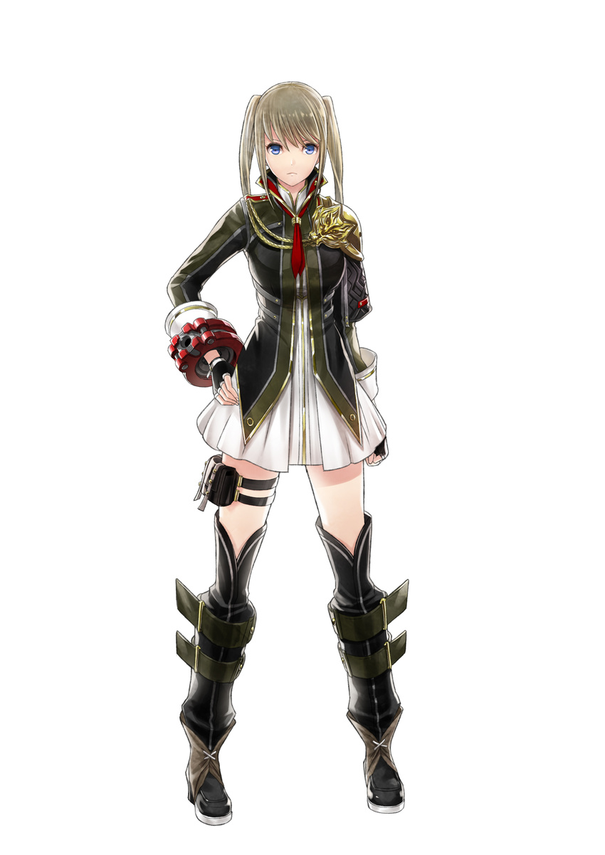 absurdres artist_request black_gloves blue_eyes boots bracelet breasts brown_hair capelet clenched_hand dress female fingerless_gloves full_body gloves god_eater god_eater_resonant_ops hand_on_own_hip highres holster jewelry long_hair long_sleeves looking_at_viewer medium_breasts official_art photoshop_(medium) short_dress short_hair short_twintails solo standing thigh_boots thigh_holster thighhighs twintails white_background zettai_ryouiki