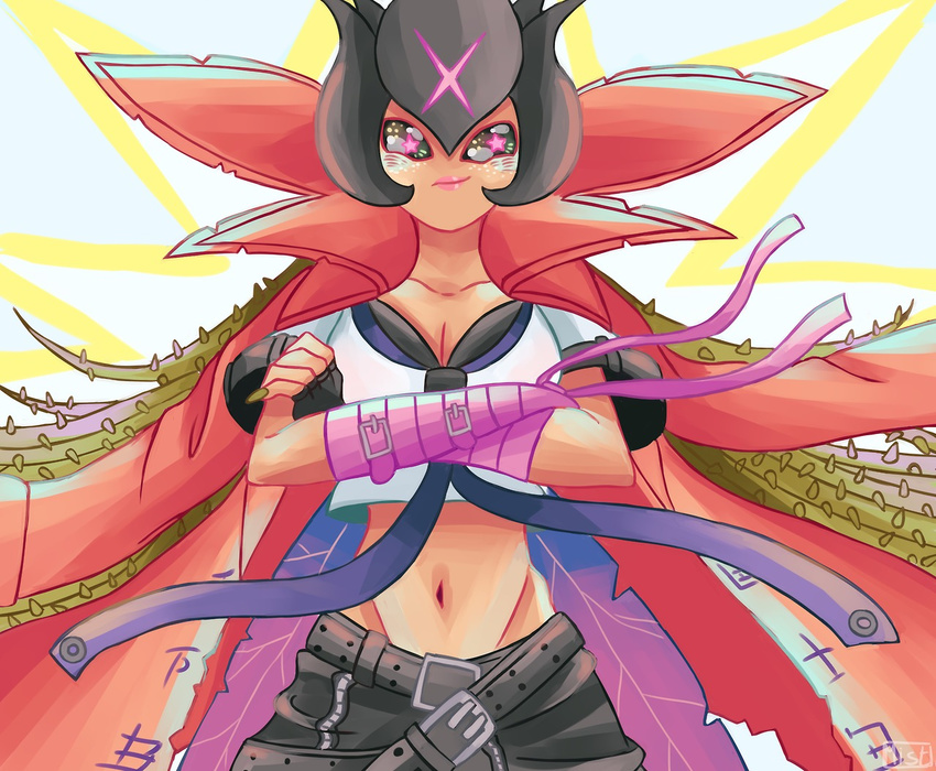 bancholillymon bandai_namco better_version_at_source black_sclera breasts cleavage clothed clothing crossed_arms digimon digimon_(species) female freckles lillymon lips looking_at_viewer mistymist navel pink_eyes solo