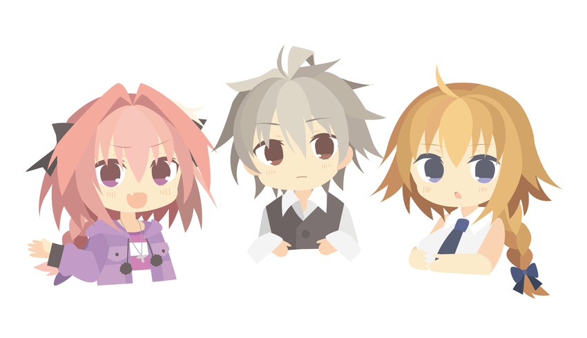 2boys ahoge akafuku_pukoemon astolfo_(fate) astolfo_(memories_at_trifas)_(fate) bad_id bad_pixiv_id black_ribbon blonde_hair braid breasts brown_eyes fate/apocrypha fate_(series) female grey_hair hair_ornament hair_ribbon highres jacket jeanne_d'arc_(fate) jeanne_d'arc_(girl_from_orleans)_(fate) large_breasts long_braid long_hair long_sleeves looking_at_viewer multicolored_hair multiple_boys necktie oerba_yun_fang official_alternate_costume open_clothes open_jacket otoko_no_ko pink_eyes pink_hair purple_eyes purple_jacket purple_necktie purple_ribbon ribbon shirt short_hair sieg_(fate) single_braid two-tone_hair very_long_hair waistcoat white_shirt