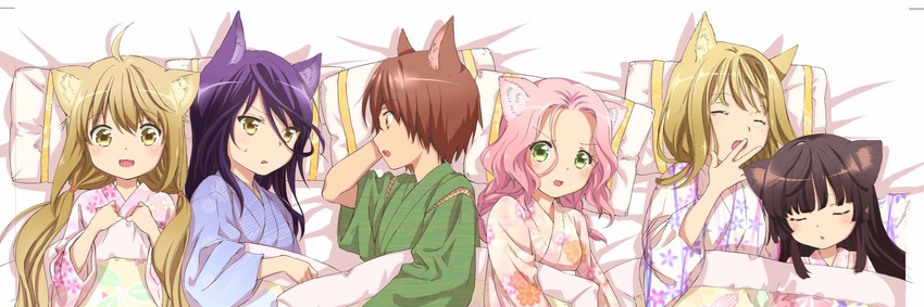 6+girls :d amano_sakuya animal_ears black_hair blue_kimono brown_hair covering_mouth floral_print fox_ears green_eyes hand_over_own_mouth hands_on_own_chest japanese_clothes jpeg_artifacts kimono kiri_(konohana_kitan) konohana_kitan light_brown_eyes light_brown_hair lineup long_hair looking_at_viewer low_twintails lying multiple_girls natsume_(konohana_kitan) oerba_yun_fang on_back on_side open_mouth pillow pink_hair pink_kimono print_kimono profile purple_hair ren_(konohana_kitan) sakura_(konohana_kitan) satsuki_(konohana_kitan) short_hair sleeping sleeping_on_person smile tears twintails under_covers v-shaped_eyebrows wavy_mouth yawning yellow_eyes yuzu_(konohana_kitan)