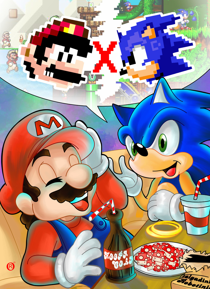 2boys absurdres alternate_color bag cap castle closed_eyes crossover drink drinks facial_hair fire_mario food grass green_eyes hand_on_head hat highres jewelry koopa_troopa laughing male male_focus mario mario_(series) moustache multiple_boys mushroom nintendo piranha_plant plant ring rings rivals sega sonic sonic_the_hedgehog speech_bubble sprites super_mario_bros. suspenders tails warp_pipe