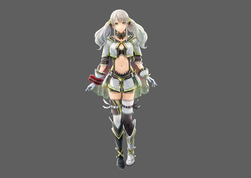 absurdres artist_request black_choker black_legwear boots bracelet breasts cape choker cleavage clothing_cutout collarbone detached_sleeves female full_body gloves god_eater god_eater_resonant_ops green_eyes green_hair grey_background highres jewelry knee_boots long_hair looking_at_viewer medium_breasts navel navel_cutout official_art philline photoshop_(medium) short_sleeves skin_tight skirt smile solo standing twintails white_gloves white_legwear