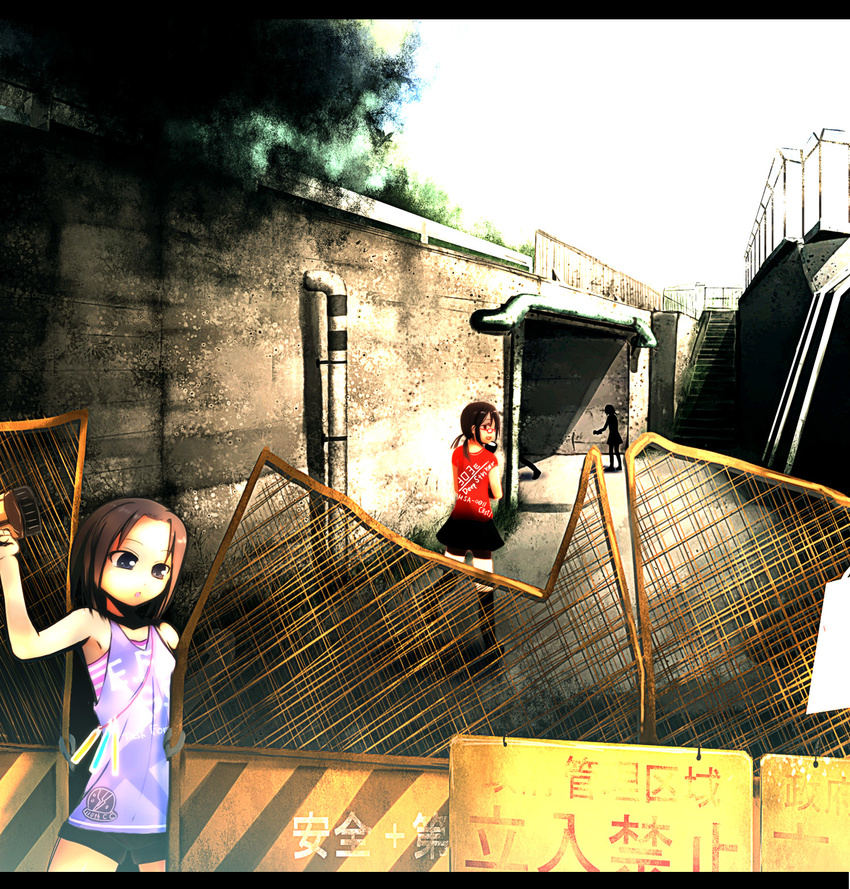 3girls brown_hair chain-link_fence commentary death_flag deep_striker fence glasses gundam gundam_sentinel heterochromia highres letterboxed multiple_girls onibi_(foxhound4185) original ruins short_hair sign tunnel