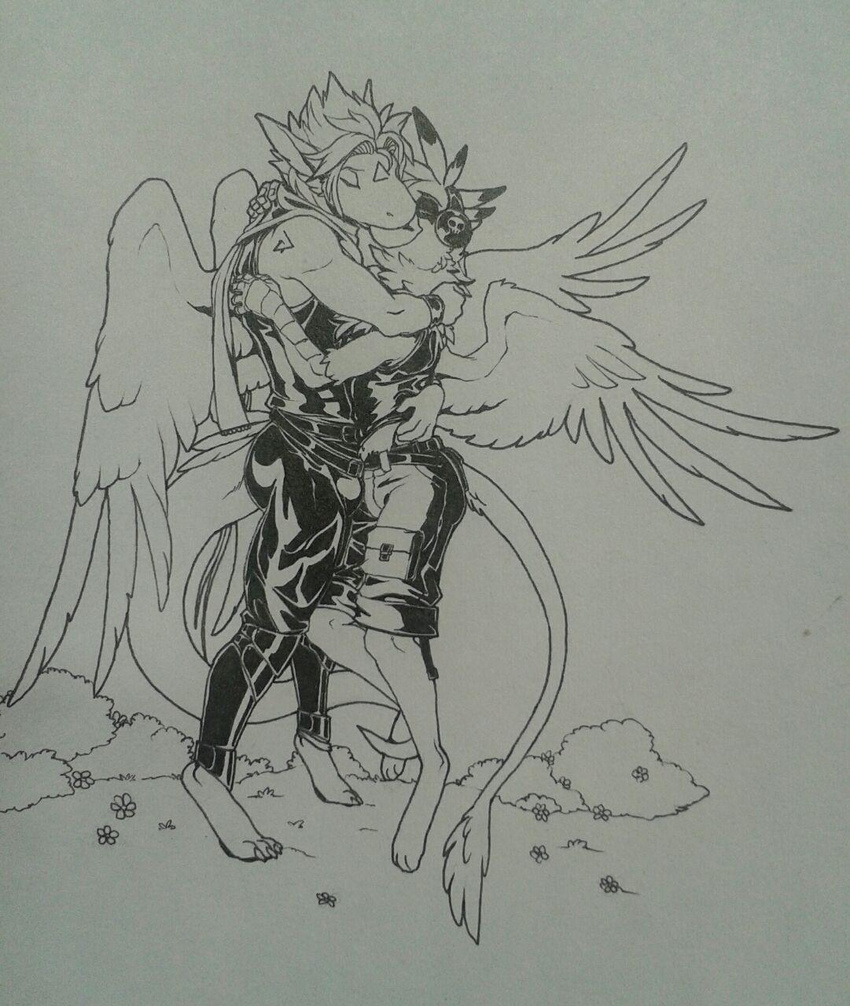 angel angel_dragon anthro avian beak cerezo closed_eyes dragon duo electronics feathered_wings feathers flower gryphon happy headphones hi_res kissing leoketsal male male/male mythological_avian mythological_creature mythological_scalie mythology plant romantic romantic_couple scalie shrub siegfried skoop tail tail_tuft tuft wings