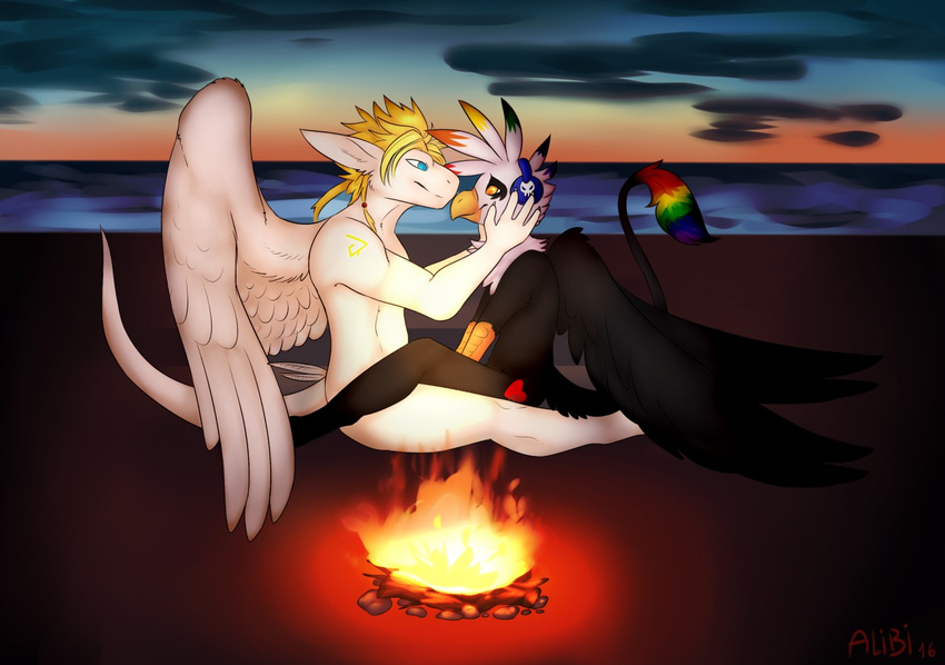 alibi-cami angel angel_dragon anthro avian beak blonde_hair blue_eyes dragon duo dusk eye_contact feathered_wings feathers fire fur gryphon hair leoketsal looking_at_another male male/male multicolored_body multicolored_fur mythological_avian mythological_creature mythological_scalie mythology rainbow_body rainbow_fur romantic romantic_ambiance romantic_couple scalie siegfried skoop tail tail_tuft tuft white_body wings