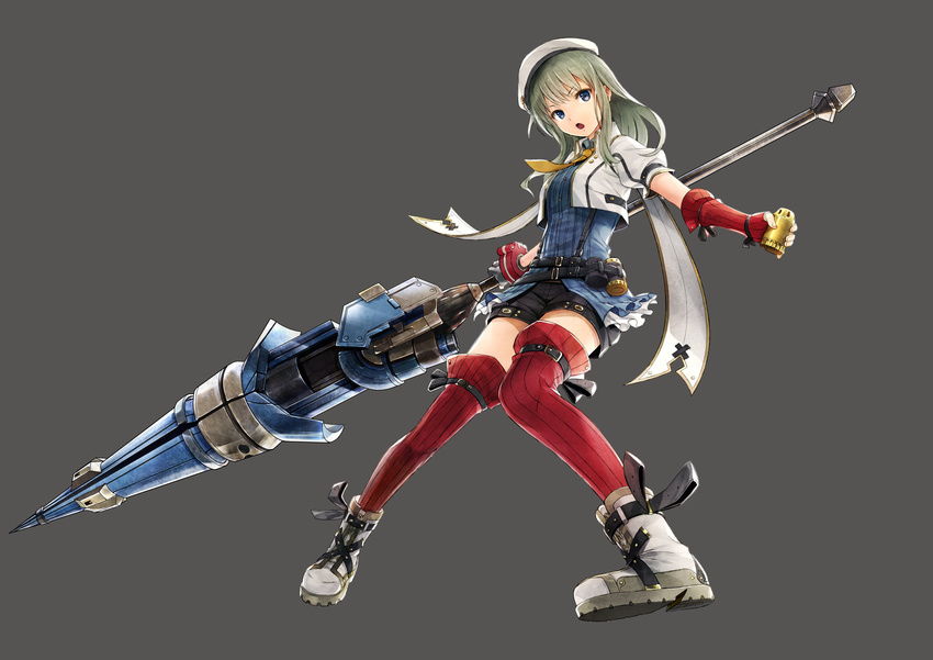 absurdres ankle_boots artist_request beret blue_eyes boots bracelet cropped_jacket elbow_gloves erina_der_vogelweid explosive female fingerless_gloves full_body gloves god_eater god_eater_resonant_ops green_hair grenade grey_background hat highres holding holding_weapon jacket jewelry lance long_hair looking_at_viewer necktie official_art open_clothes open_jacket open_mouth photoshop_(medium) polearm red_footwear red_gloves short_sleeves shorts solo weapon