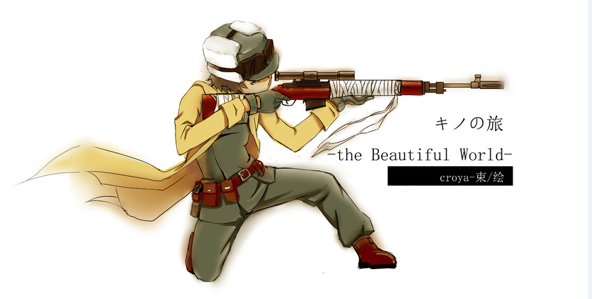 aiming artist_name bad_id bad_pixiv_id bandages battle_rifle belt coat croya_aso english_text female fur_hat goggles gun hat kino_(kino_no_tabi) kino_no_tabi m14 on_one_knee rifle scope short_hair solo trigger_discipline weapon white_background