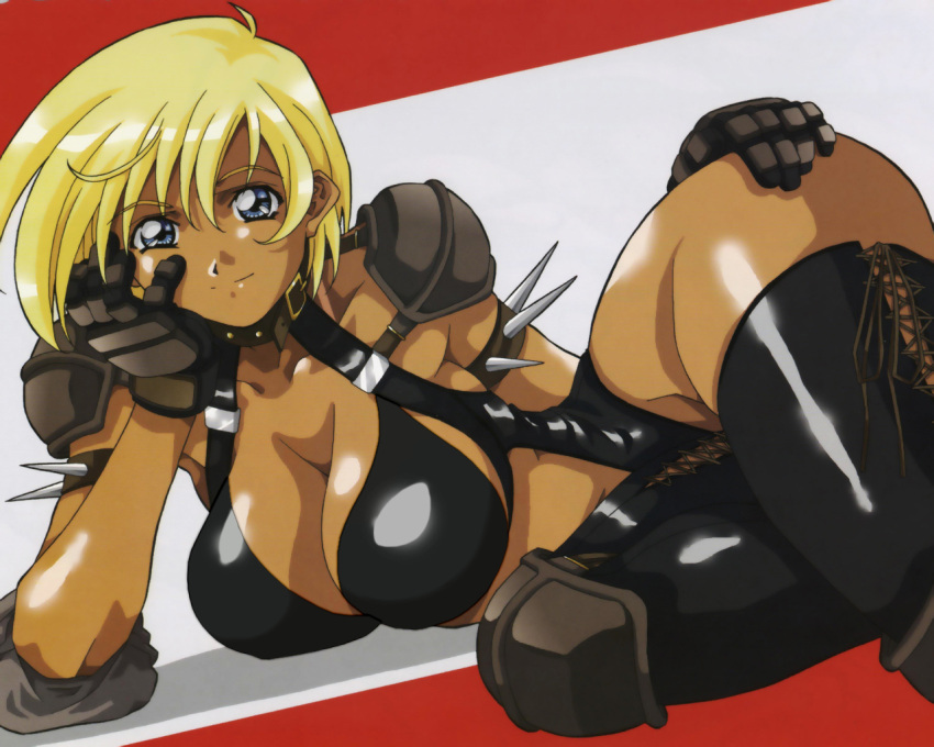 amano_yoki armband armor ass bikini blonde_hair blue_eyes bra breasts collar dark_skin elbow_pads female gloves harness knee_pads laceups large_breasts leather leather_armor lingerie one-piece short_hair solo spaulders spikes swimsuit tan tanline thighhighs underwear virtual_angels