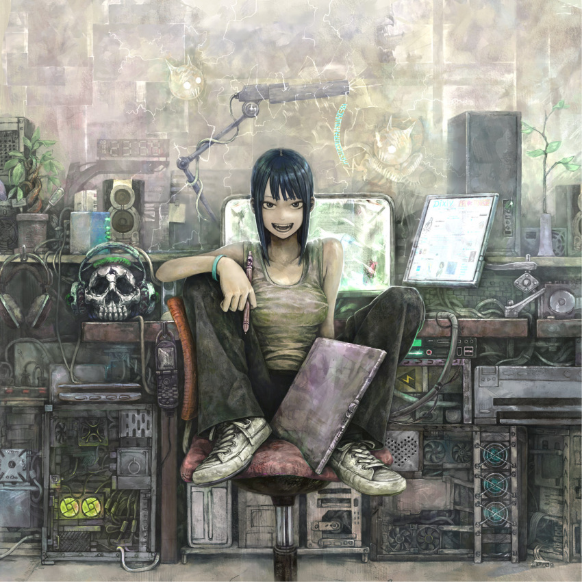 bad_id bad_pixiv_id banned_artist black_hair breasts brown_eyes cellphone chair clock computer electricity fangs feline grey_eyes headphones headset highres keyboard_(computer) lamp laptop large_breasts legs_up oekaki_musume open_mouth original otaku_room pen phone pixiv plant printer radio realistic rubber_band shoes short_hair sitting sitting_sideways skull smile sneakers solo surreal tank_top teeth tongue yanmar