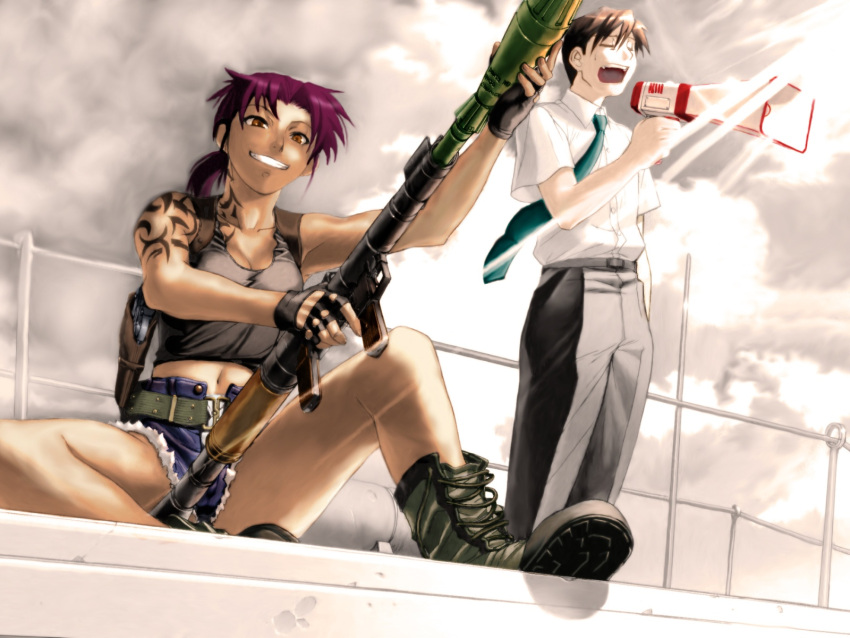 1boy armpit_holster black_lagoon boots female highres holster megaphone necktie okajima_rokuro revy revy_(black_lagoon) rock shorts