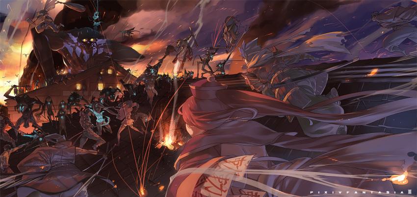 akatsuhara_empire battle club epic fire floating giant gigandal_federation hatchet katana monster multiple_boys oriental_hatchet pixiv_fantasia pixiv_fantasia_3 ryota-h shield smoke sword weapon wind