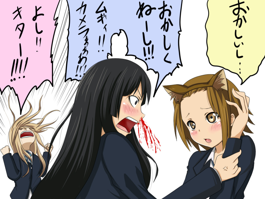 3girls akiyama_mio anger_vein animal_ears black_eyes black_hair blonde_hair blood blush brown_eyes brown_hair cat_ears commentary_request fake_animal_ears forehead k-on! kotobuki_tsumugi long_hair multiple_girls nosebleed sakuragaoka_high_school_uniform samuraichamp school_uniform short_hair shouting tainaka_ritsu translated