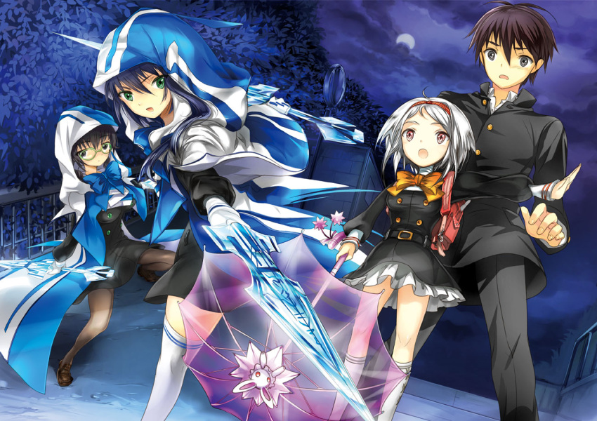 1boy 3girls annihilate_luxifer bad_id bad_pixiv_id cloak dual_wielding holding kan_satomi moon multiple_girls pantyhose school_uniform sword thighhighs umbrella weapon