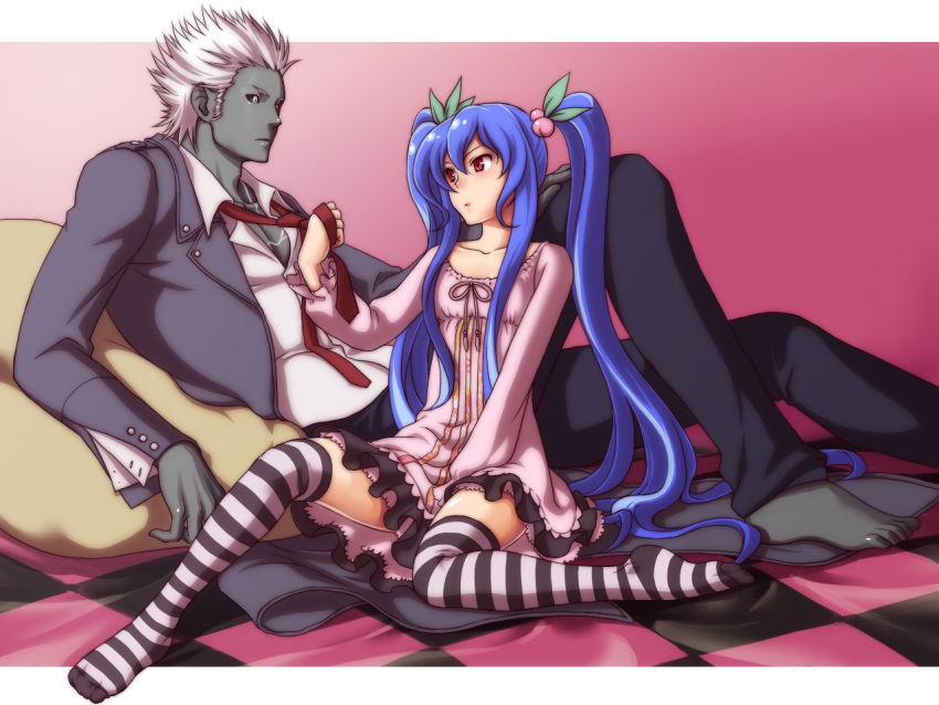 blue_hair couple crossover dark_skin dress esaka feet female food fruit grey_skin hinanawi_tenshi long_hair m.u.g.e.n mukai_(kof) necktie necktie_grab neckwear_grab peach red_eyes short_hair sitting straight striped striped_legwear the_king_of_fighters thighhighs touhou twintails very_long_hair white_hair zettai_ryouiki