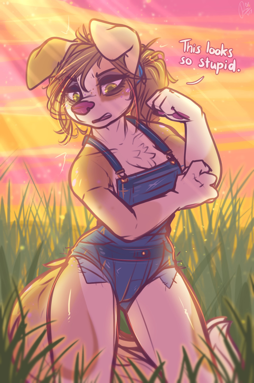 2019 absurd_res alternate_version_at_source anthro breasts brown_hair canid canine canis clothed clothing dialogue digital_media_(artwork) dimmi_(character) dimwitdog domestic_dog english_text female fur green_eyes hair hi_res mammal outside overalls solo standing text