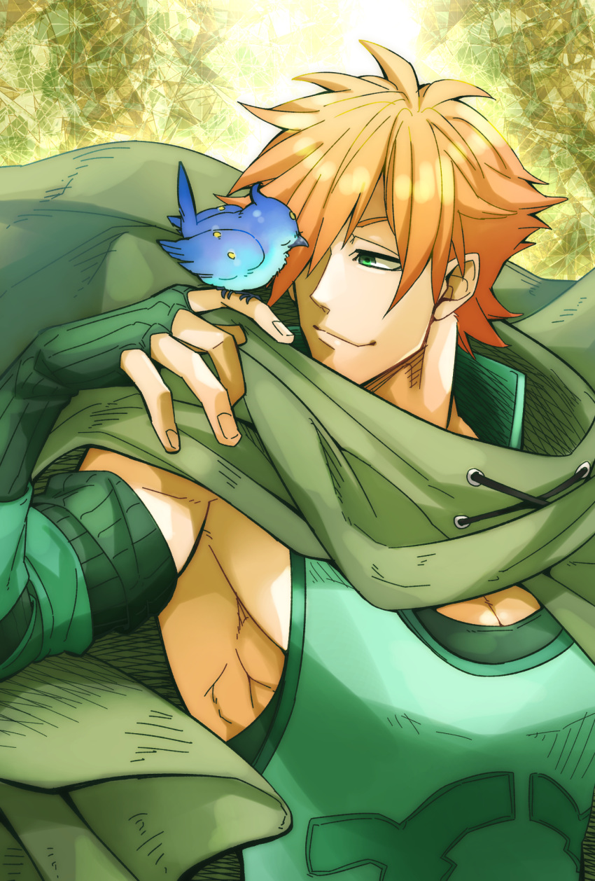 1boy bird bluebird cape cloak fate/extra fate/grand_order fate_(series) forest green_eyes hair_over_one_eye highres koryuu_(gackter10) leaf light lost_robin_rondo male_focus muscular muscular_male nature orange_hair robin_hood_(fate) short_hair smile solo