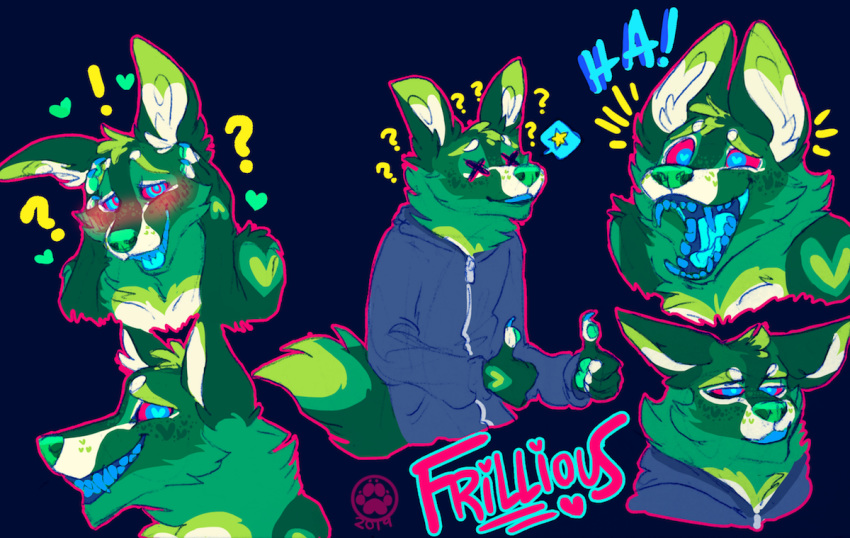 ambiguous_gender anthro blue_teeth blue_tongue canid canine demon frillious fur green_body green_fur green_nose mammal mixed_media pink_sclera solo sparklefur teeth tongue