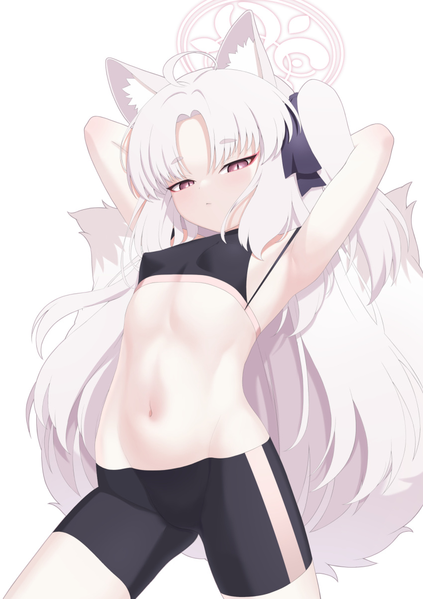 animal_ear_fluff animal_ears armpits arms_behind_head bike_shorts blue_archive bow commentary_request eyeshadow female flat_chest forehead fox_ears fox_girl fox_tail hair_ribbon hairbow halo hands_up highres kido_airaku kuzunoha_(blue_archive) long_hair looking_at_viewer makeup multiple_tails navel parted_bangs purple_eyes red_eyeshadow ribbon sidelocks simple_background sleeveless solo stomach tail thick_eyebrows white_background white_hair