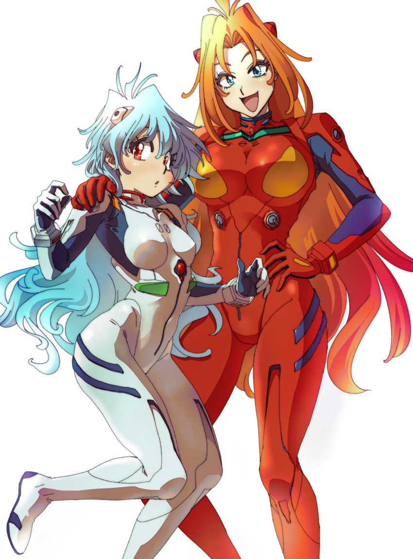 2girls :o araizumi_rui_(style) ayanami_rei blue_eyes bodysuit breasts fusion gloves hand_on_another's_shoulder hand_on_own_hip hayashibara_megumi head_tilt highres ichi_orgin interface_headset large_breasts lina_inverse long_hair looking_at_viewer looking_to_the_side multiple_girls naga_the_serpent neon_genesis_evangelion open_mouth orange_hair pilot_suit plugsuit red_eyes red_gloves slayers small_breasts smile souryuu_asuka_langley very_long_hair voice_actor_connection white_bodysuit white_gloves