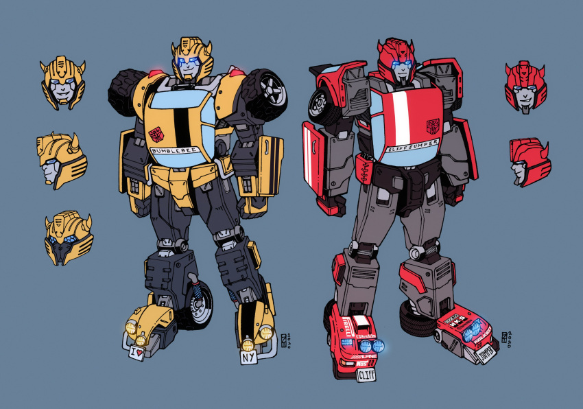 2boys absurdres autobot blue_background bumblebee_(transformers) character_name clenched_hands cliffjumper english_commentary glowing glowing_eyes highres horns i_heart... insignia lextodrawstuff multiple_boys multiple_views no_humans redesign standing transformers