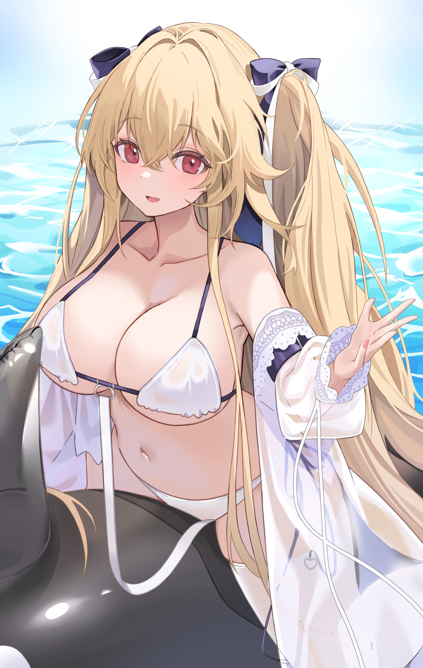 absurdres anchorage_(azur_lane) anchorage_(dolphins_and_swim_lessons)_(azur_lane) azur_lane bare_shoulders bikini blush breasts commentary_request female hair_between_eyes hair_ribbon highres inflatable_orca inflatable_toy jacket large_breasts light_brown_hair long_hair looking_at_viewer official_alternate_costume open_mouth outdoors ribbon see-through see-through_jacket see-through_sleeves soar_sora222 swimsuit thighhighs thighs twintails very_long_hair white_bikini white_thighhighs