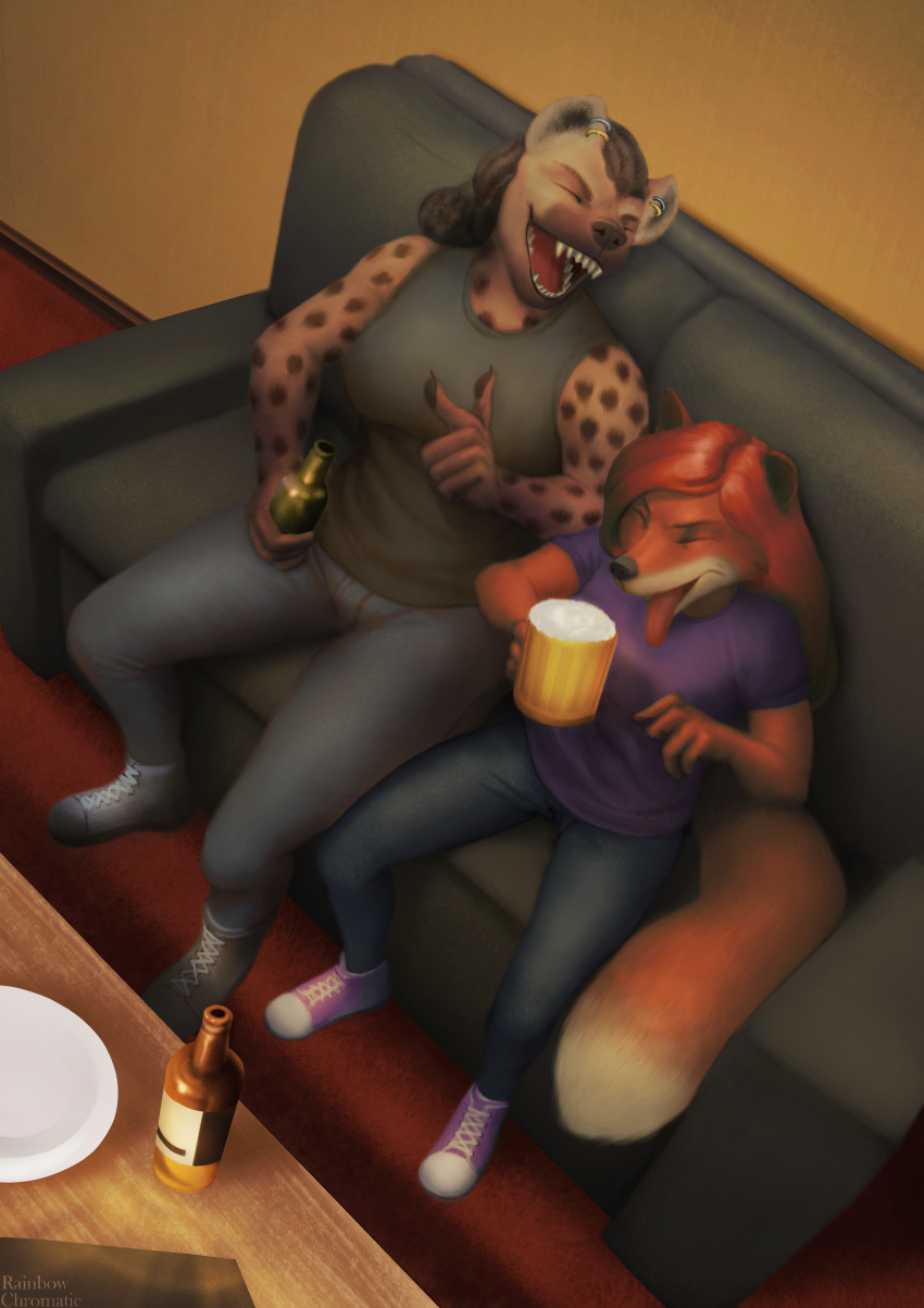 absurd_res alcohol anthro beer beer_bottle beverage big_breasts bottle breasts canid canine clothed clothing container disgusted_face duo ear_piercing ear_ring female fox fully_clothed furniture hi_res hyena laugh legal_guardian mammal mkali_(jasonvuk666) piercing plate rainbow_chromatic ring_piercing sofa spotted_hyena stepdaughter_(lore) stepmother_(lore) stepmother_and_stepchild_(lore) stepmother_and_stepdaughter_(lore) stepparent_(lore) stepparent_and_stepchild_(lore) stepparent_and_stepdaughter_(lore) table zoey_(jasonvuk666)